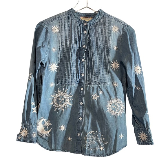 Johnny Was Tops - Johnny Was Embroidered Denim Pearl Snap Boho Shirt Sun Moon Snake Stars Boho XS